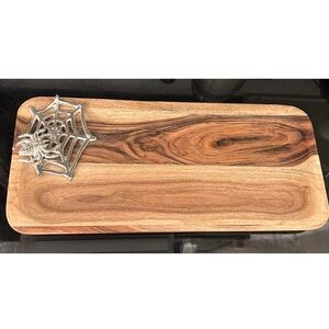 Wooden Halloween Serving Platter with Silver Spider in Web 14.75” x 6.5”
